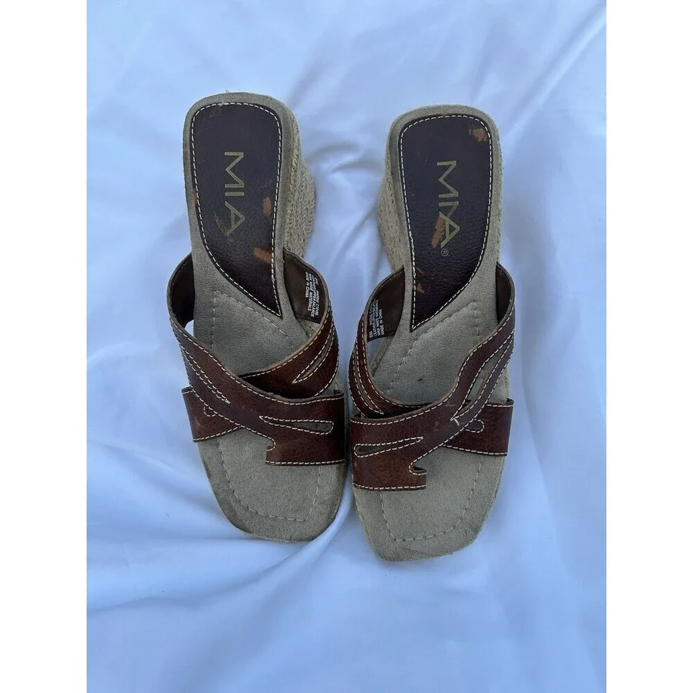 Vtg Y2K 90's MIA Brown Leather Chunky Platform Sandal Slides Size 8M